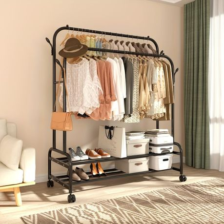 150cm Sturdy Metal Double Rodding Clothes Rack With Wheels
