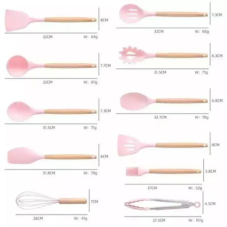 Silicone Kitchenware Kit 19 Pieces Knife & Spoon Set With Storage Rack pink