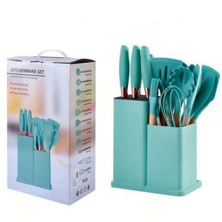 Silicone Kitchenware Kit 19 Pieces Knife & Spoon Set With Storage Rack Green