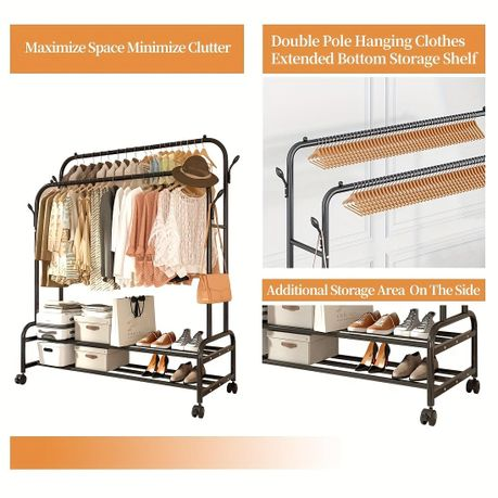 150cm Sturdy Metal Double Rodding Clothes Rack With Wheels