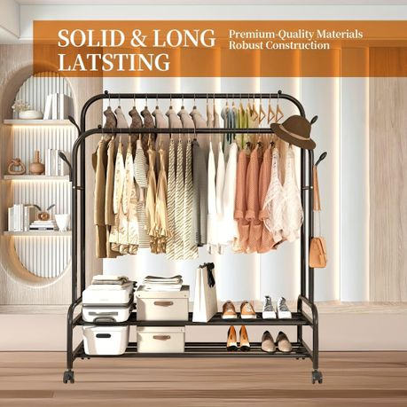 150cm Sturdy Metal Double Rodding Clothes Rack With Wheels
