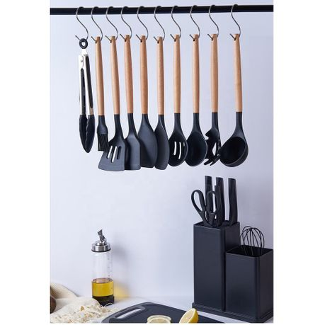 Silicone Kitchenware Kit 19 Pieces Knife & Spoon Set With Storage Rack Black