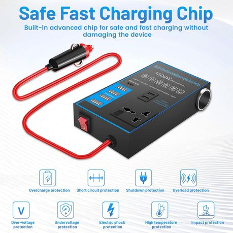 1500W Car Power Inverter - 12V/24V, 4 USB Ports, Fast Charging