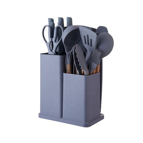 Silicone Kitchenware Kit 19 Pieces Knife & Spoon Set With Storage Rack Green Grey