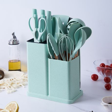 Silicone Kitchenware Kit 19 Pieces Knife & Spoon Set With Storage Rack Light Green