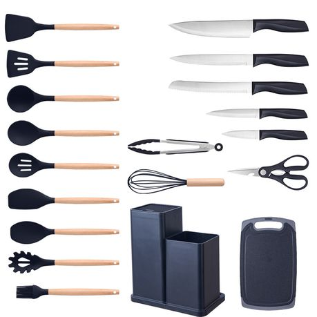 Silicone Kitchenware Kit 19 Pieces Knife & Spoon Set With Storage Rack Black