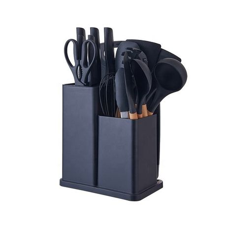 Silicone Kitchenware Kit 19 Pieces Knife & Spoon Set With Storage Rack Black