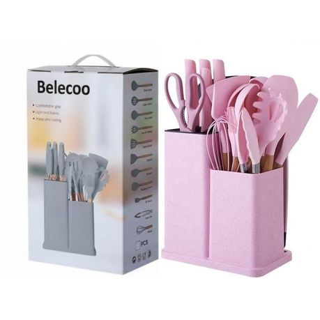 Silicone Kitchenware Kit 19 Pieces Knife & Spoon Set With Storage Rack pink