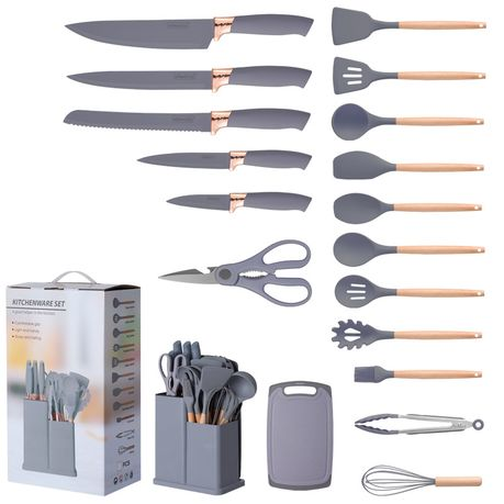 Silicone Kitchenware Kit 19 Pieces Knife & Spoon Set With Storage Rack Green Grey