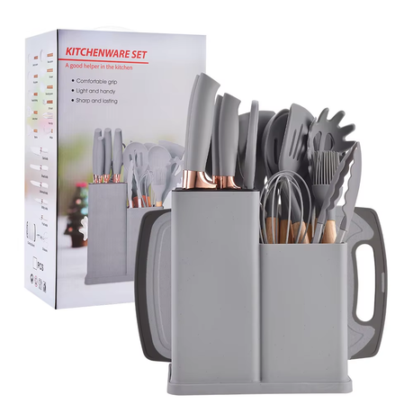 Silicone Kitchenware Kit 19 Pieces Knife & Spoon Set With Storage Rack Green Grey