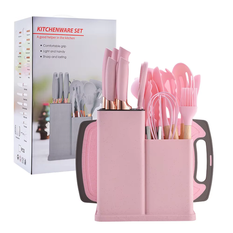 Silicone Kitchenware Kit 19 Pieces Knife & Spoon Set With Storage Rack pink