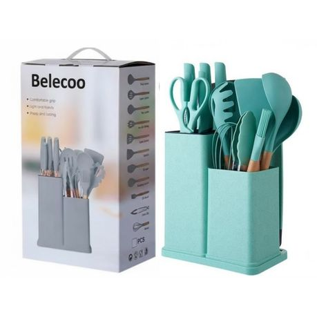Silicone Kitchenware Kit 19 Pieces Knife & Spoon Set With Storage Rack Green