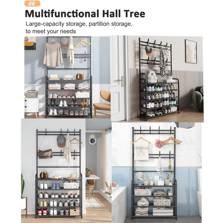 5 -Tier Shoe Shelf Rack and Coat Rack for Closet Entryway Hallway - 80 cm