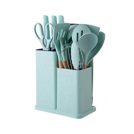 Silicone Kitchenware Kit 19 Pieces Knife & Spoon Set With Storage Rack Light Green