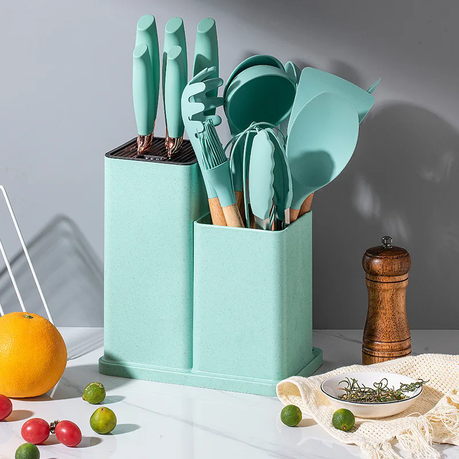 Silicone Kitchenware Kit 19 Pieces Knife & Spoon Set With Storage Rack Green