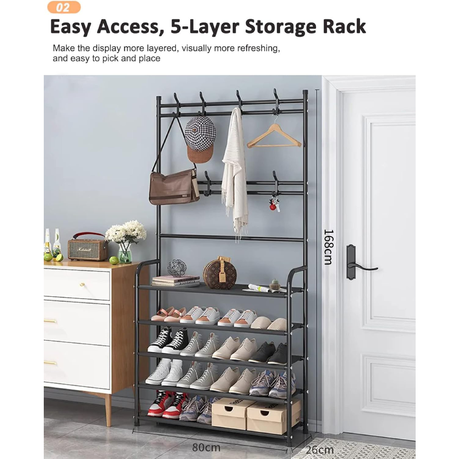 5 -Tier Shoe Shelf Rack and Coat Rack for Closet Entryway Hallway - 80 cm